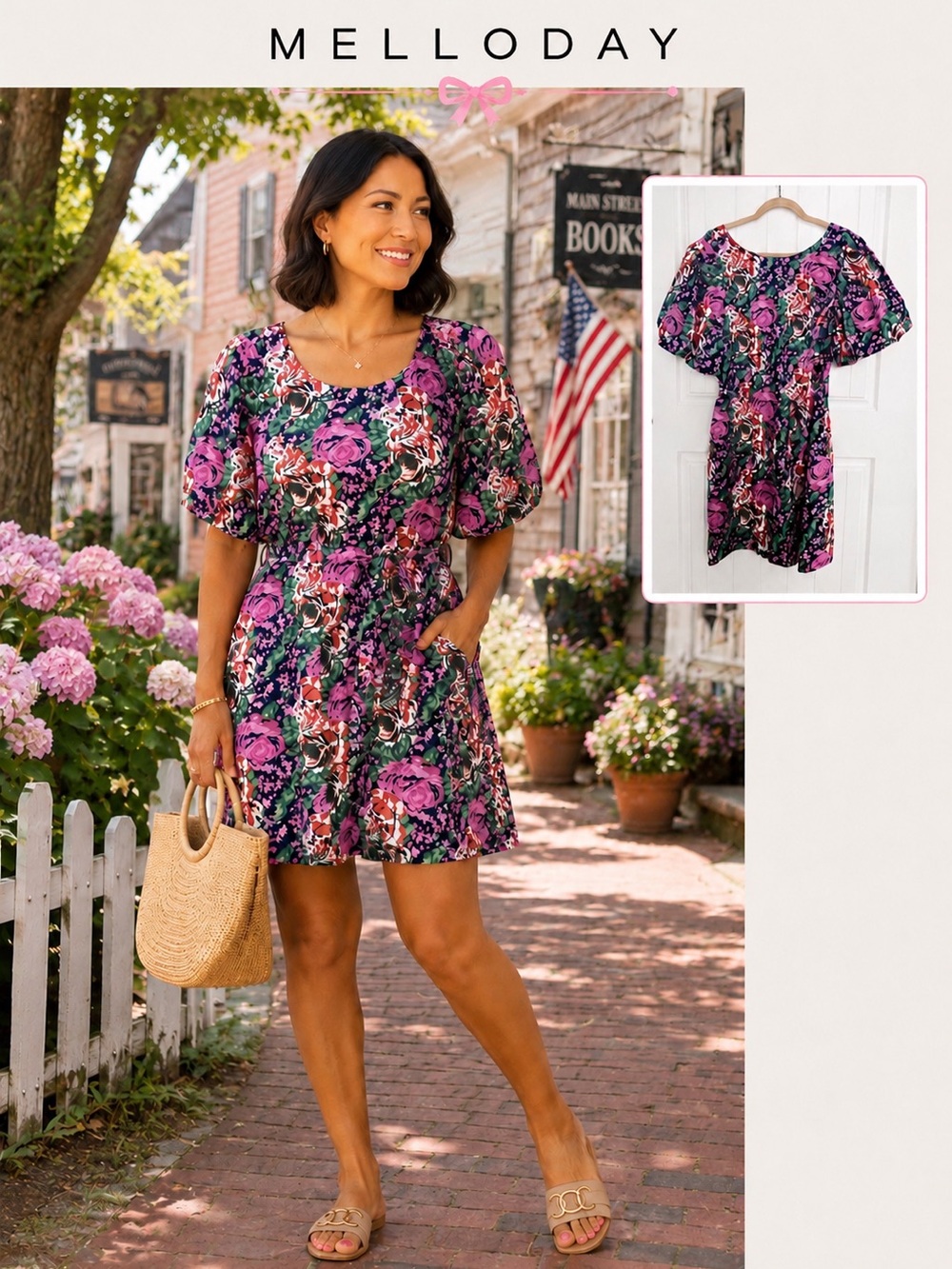 NWOT Melloday Floral Puff Sleeve Tie Waist Dress Size Large
